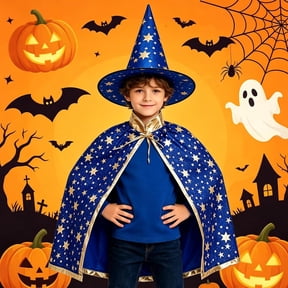 Red Golden Star Wizard Witch Cape Set For Halloween Cosplay Costume, 2 Piece Halloween Masquerade Dress Up Costume Outfit With Matching Pointed Hat