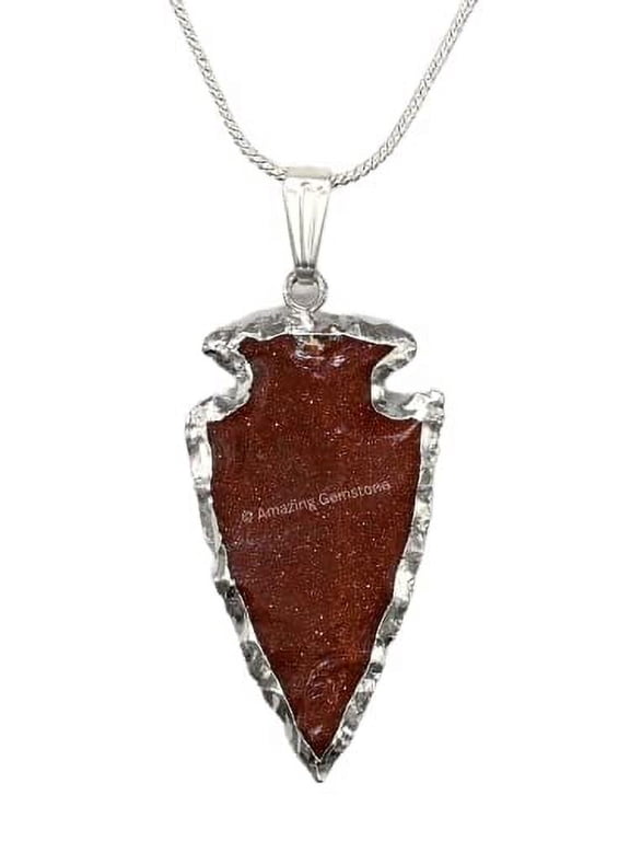 Red Goldstone Arrowhead Necklace for Men Women (Silver Edged)