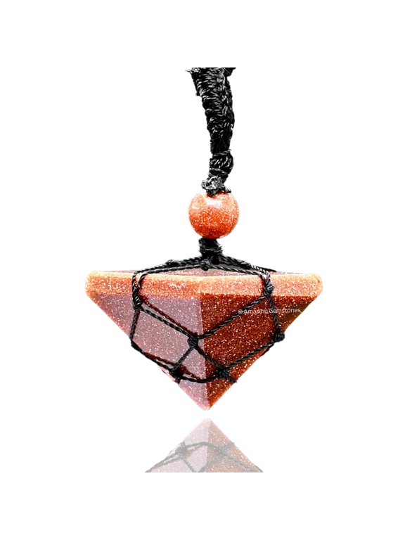 Red Goldstone Crystal Pyramid Macrame Necklace, Unique Women Men Pendant
