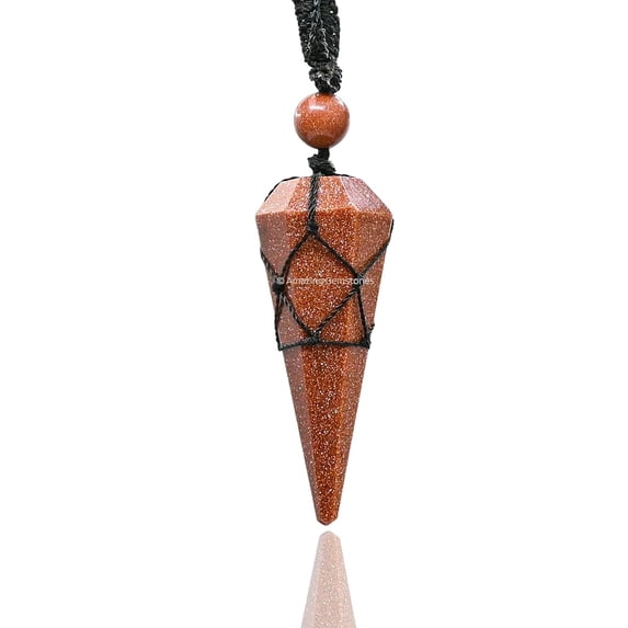 Red Goldstone Crystal Stone Holder Necklace Pendulum, Unique Women Men Necklace (Black Macrame)
