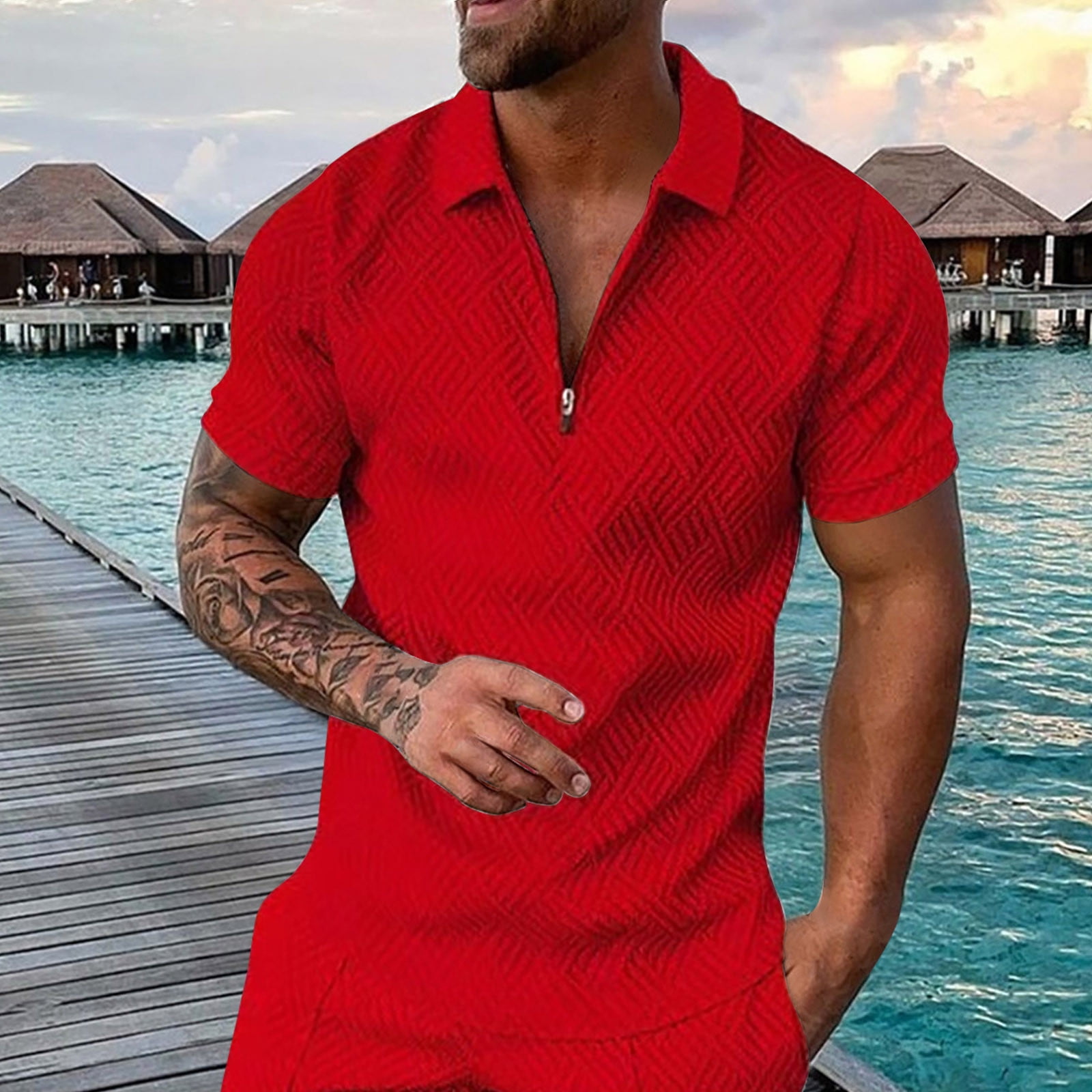 Men's Red Golf Polo Shirt, Casual Zipper Up Short Sleeve Summer Outfit,  APPAREL - Walmart.com