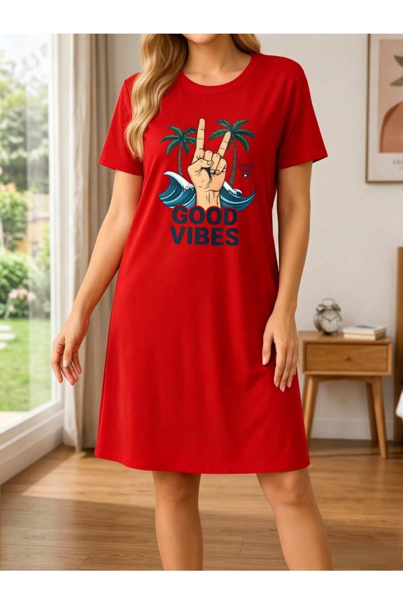 Red Good Vibes Graphic Sleep Dress, Palm Wave Print, Knee-Length Casual Loungewear