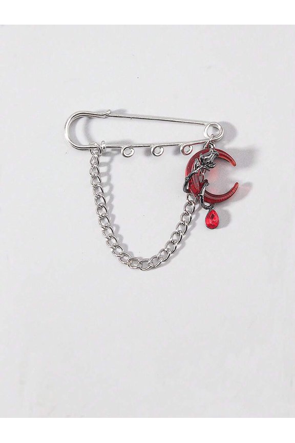 Red Gothic Crescent Moon Lapel Pin With Chain And Teardrop Charm