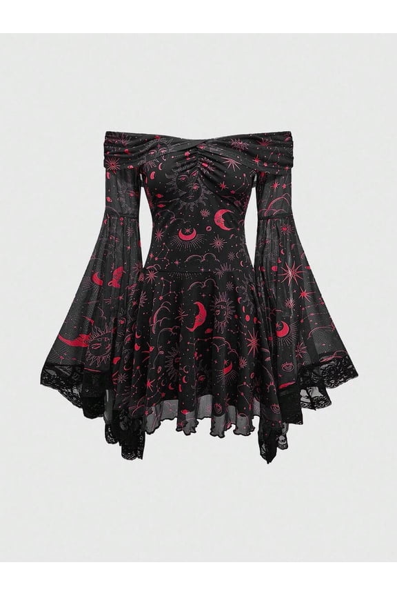 Red Gothic Retro Off-Shoulder Bell Sleeve Mesh A-Line Mini Dress With Celestial Moon And Star Print