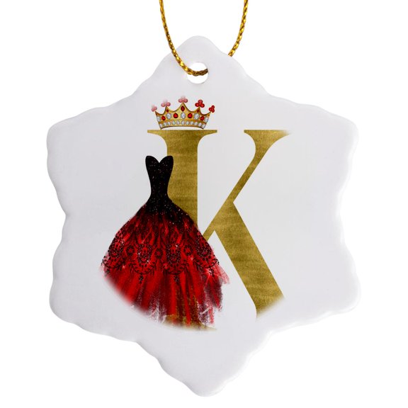3drose, Red Gown Image of Jewels Crown Image of Gold Monogram K, 3 inch Snowflake Porcelain Ornament