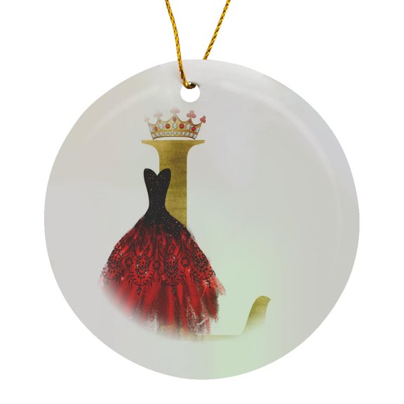 3drose, Red Gown Image of Jewels Crown Image of Gold Monogram L, Circle Porcelain Ornament