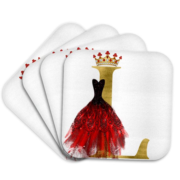 3drose, Red Gown Image of Jewels Crown Image of Gold Monogram L, Set of 4 Coasters - Soft