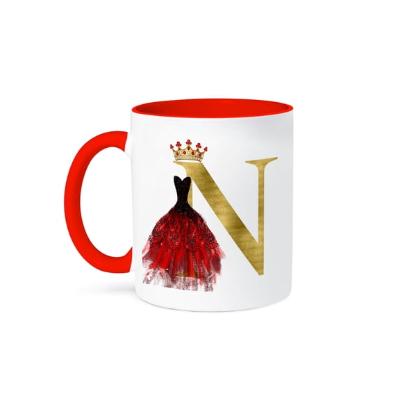 Red Gown Image Of Jewels Crown Image Of Gold Monogram N, 11oz Two-Tone Red Mug