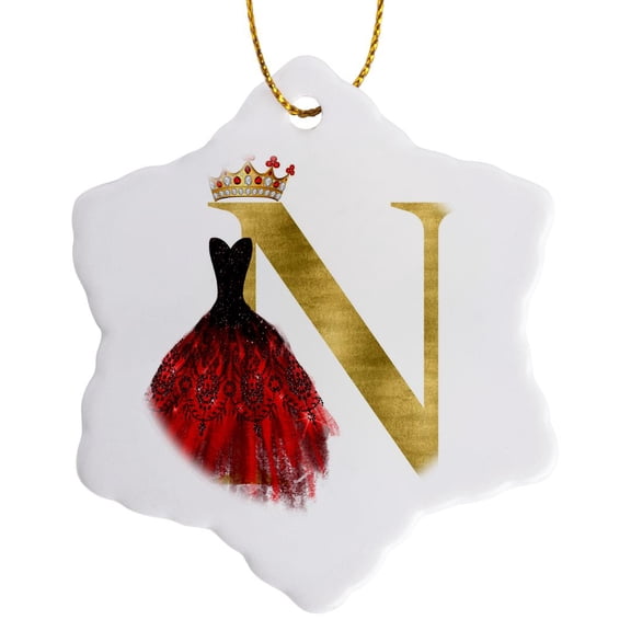 Red Gown Image Of Jewels Crown Image Of Gold Monogram N, 3 inch Snowflake Porcelain Ornament
