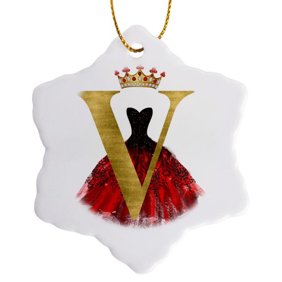 3drose, Red Gown Image of Jewels Crown Image of Gold Monogram T, 3 inch Snowflake Porcelain Ornament