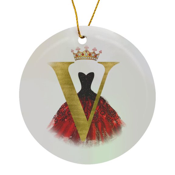 3drose, Red Gown Image of Jewels Crown Image of Gold Monogram T, Circle Porcelain Ornament