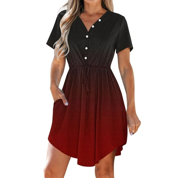 Red Gradient for Juniors Fall Summer Short Sleeve V Neck Spandex Midi Knee High Brunch Ruched Paperbag Dress Women 2025 Clothing Country Concert Y2K XXL