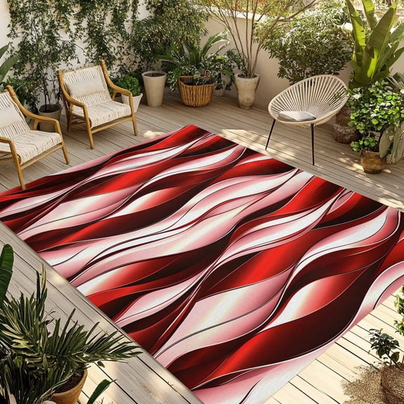 Red Gradient Line Outdoor Rug, Abstract Twist Non-Slip Area Rugs Carpet Breathable Large Floor Mat for Outdoors Patio Porch Deck Beach 6’ x 9’
