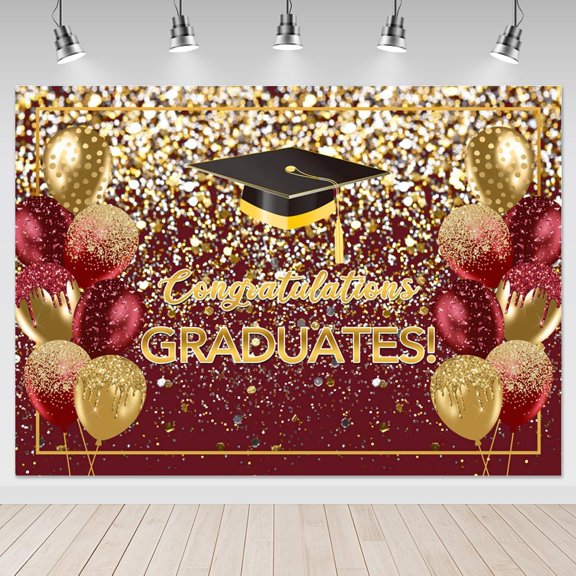 Red Graduation Backdrop 7x5ft - Burgundy Gold Class of 2026 Congrats Grad Party Decorations, Congratulations Graduates Photography Background