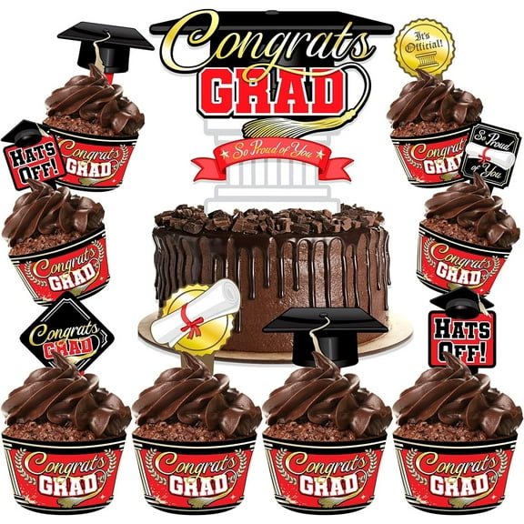 Red Graduation Cake Topper & Red Graduation Cupcake Toppers Kit