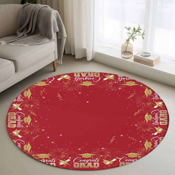 Red Graduation Cap 3FT Round Area Rugs Gold Stars Academic Diploma Festive Soft Small Round Rug Non-Slip, Ultra-Thin Indoor Circle Carpet for Bedroom Entryway Kitchen Bathroom