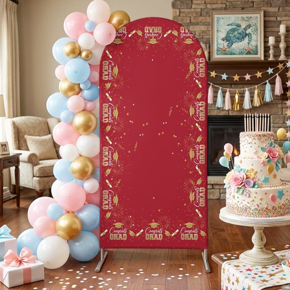 Red Graduation Cap Arch Backdrop Covers 6 FT, Gold Stars Academic Diploma Festive Stretchy Fitted Arched Stand Covers Party Arch Stand Cover Photo Booth for Wedding Birthday Decor