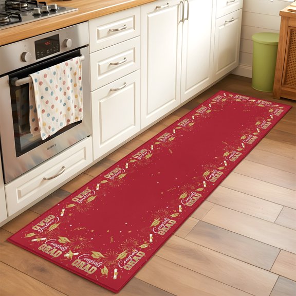 Red Graduation Cap Hallway Washable Runner Rug 2x6 Gold Stars Academic Diploma Festive Kitchen Runner Mat with Non Slip Backing Low Pile Thin Floor Carpet for Indoor Bedroom Living Room