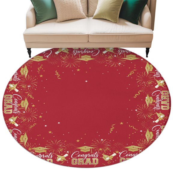 Red Graduation Cap Round Living Room Rugs 6 ft, Gold Stars Academic Diploma Festive Washable Area Rug with Non-Slip Sturdy Edge Binding Round Carpet for Kitchen Office Bedroom