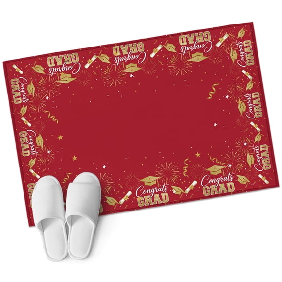 Red Graduation Cap Washable Small Entryway Area Rugs 2'x3', Gold Stars Academic Diploma Festive Low Pile Throw Rug Non-Slip Sturdy Edge Binding Carpet for Front Door Floor Room Entry