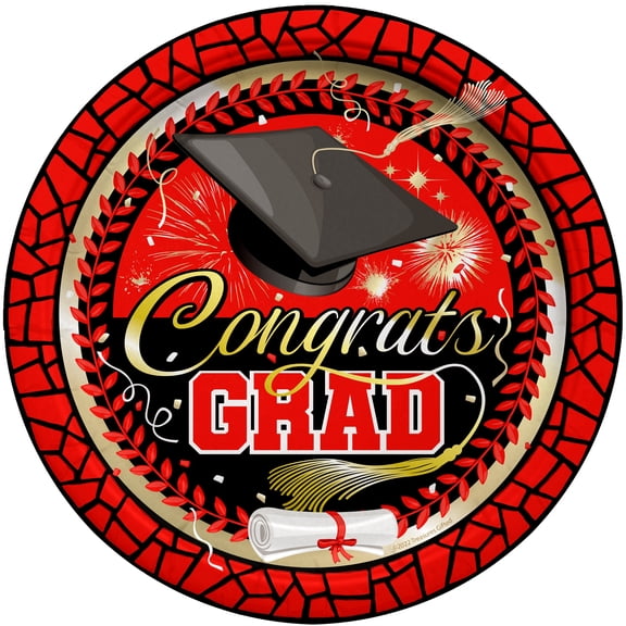 Red Graduation Plates 7in 24 Count - Red Graduation Party Supplies