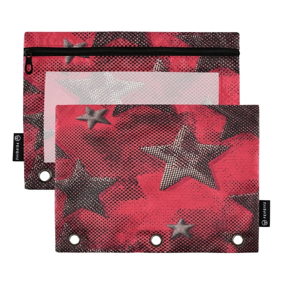 Red Graffiti Style Stars Binder Pouches Zipper Pocket Document Storage 3 Rings 2 Packs A5 Size