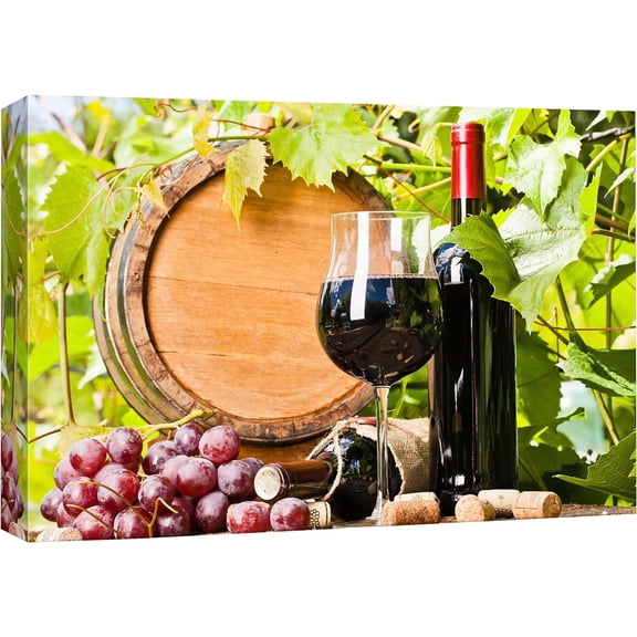 Red Grapes with Red Wine & Barrel Drinks Cocktails Photography Modern Art Chic Scenic Multicolor Ultra for Living Room, Bedroom, Office - 12"x18"