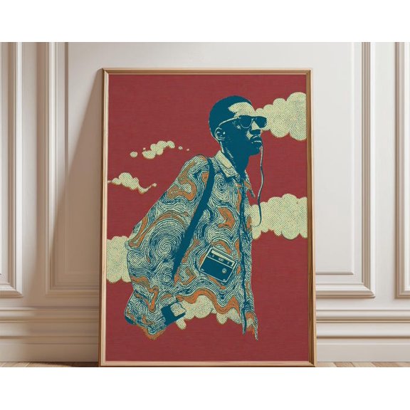 Red Graphic Portrait Modern Figure Illustration Clouds Bold Contemporary Wall Art, Unframed Paper Poster 24x36in
