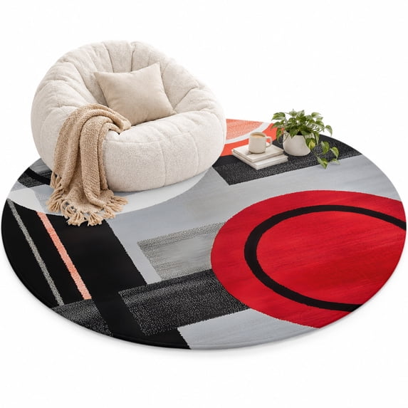 Red Gray Black Area Rug 3', Abstract Round Soft Mat Non-Slip Silicone ...