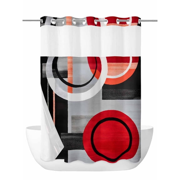 Red Gray Black No Hook Shower Curtain and Liner Set Abstract Round Modern Art Shower Curtains with Snap-in Liner & See Through Top Window Hotel Style for Bathroom Decor 48x72 Inch