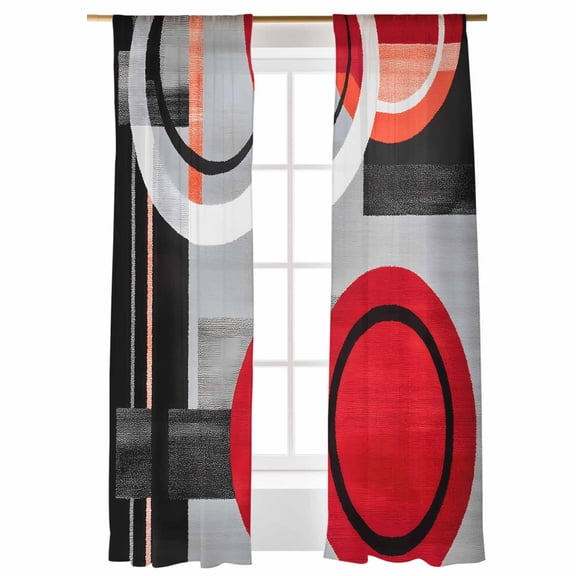 Red Gray Black Sheer Curtains 108 inches Long 2 Panels Set Abstract Round Modern Art Sheer Window Curtain Rod Pocket Voile Drapes for Living Room/Bedroom, Each 52" W x 108" L