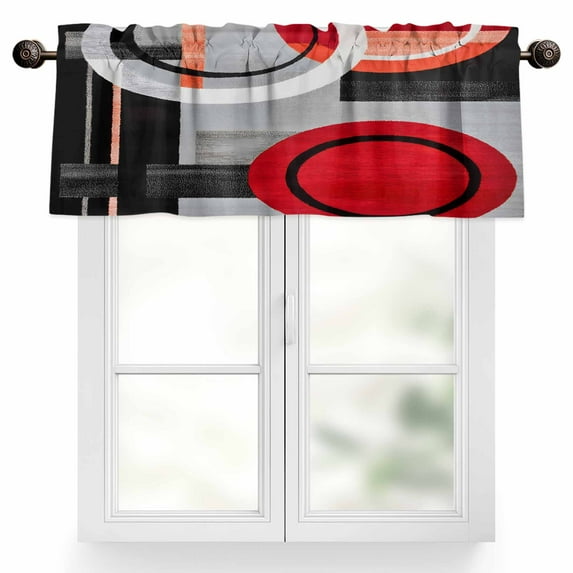 Red Gray Black Valances for Windows, 42 x 12in, Abstract Round Modern Art Rod Pocket Kitchen Valance Curtain Light Filtering Window Treatments for Living Room Bedroom, 1 Panel