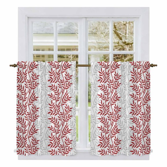 Red Gray Botanical Kitchen Curtains, Pastoral Spring Summer Leaf Aesthetics Light Filtering Window Curtain Panels, 2Pcs Rod Pocket Window Treatments Set for Cabin Bathroom Bedroom 52x45 Inches