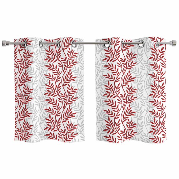 Red Gray Botanical Kitchen Curtains Small Short 39 Inch Length, Pastoral Spring Summer Leaf Aesthetics Grommet Bedroom Living Room Curtains, Light Filtering Cafe Curtain Drapes 2 Panels Set 55''x39''