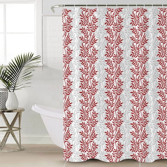 Red Gray Botanical Long Shower Curtain Set, Waterproof Shower Curtains for Bathroom, Pastoral Spring Summer Leaf Aesthetics Washable Fabric Cloth Bath Curtain for Bathtub with Hooks 72x84 Inches