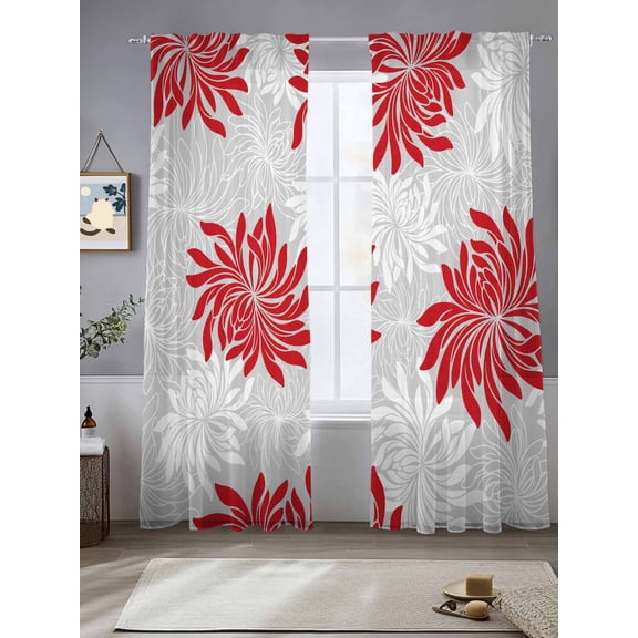 Red Gray Chrysanthemum Chiffon Sheer Curtains 84 Inches Long Abstract Floral Texture Rod Pocket Window Curtains Voile Drapes Curtains for Living Room Bedroom,2 Panels