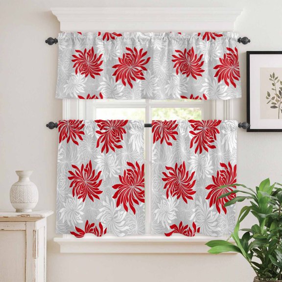 Red Gray Chrysanthemum Curtain Tier and Valance Set 3 Piece,Abstract Floral Texture 3-inch Rod Pocket Window Tier Curtains Valance for Kitchen Living Room