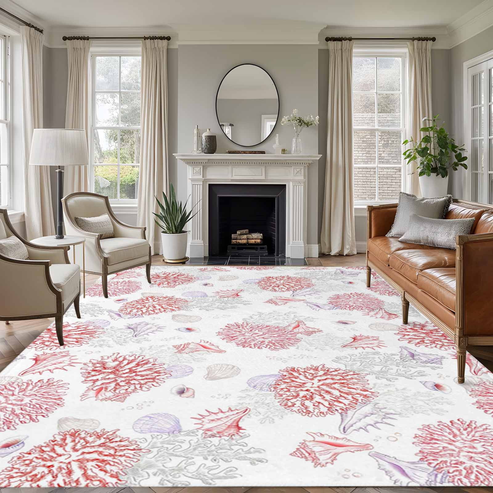 Red Gray Coastal Area Rugs 8'x10', Washable Small Throw Rugs for Living Room Patio, Summer Beach Ocean Coral Conch Shell Indoor Outdoor Rug Non-Slip Low Pile Carpet Runner Reversible Floor Mats