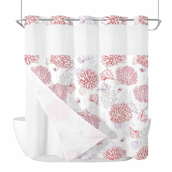 Red Gray Coastal No Hook Shower Curtain with Snap in Liner, Waterproof Fabric Shower Curtains, Summer Beach Ocean Coral Conch Shell Shower Curtain Set Top See Through for Bathroom 66"x72"