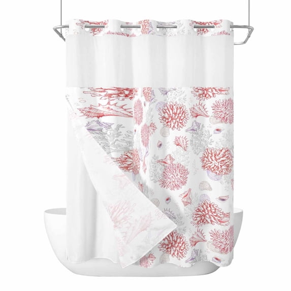 Red Gray Coastal No Hook Shower Curtain with Snap in Liner, Waterproof Fabric Shower Curtains, Summer Beach Ocean Coral Conch Shell Shower Curtain Set Top See Through for Bathroom 48"x72"