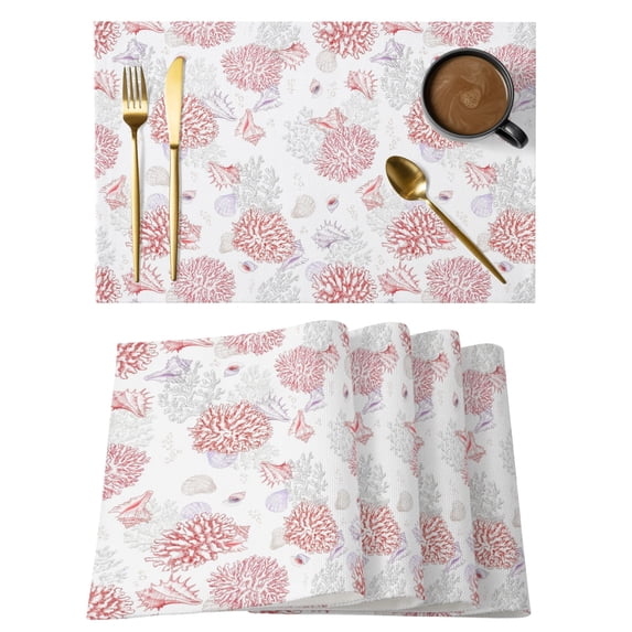 Red Gray Coastal Placemats Set of 12 Summer Beach Ocean Coral Conch Shell Place Mats Indoor Wipeable Table Mats Washable Cloth Dining Table Placemats for Kitchen Holiday Party Home Decor 13x19 Inch