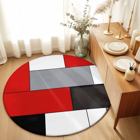 Red Gray Color Block Round Area Rug 3ft,Living Room Rug Non-Slip Washable Circle Rugs Pad,Abstract Geometric Watercolor Soft Floor Carpet for Bedroom Dining Room