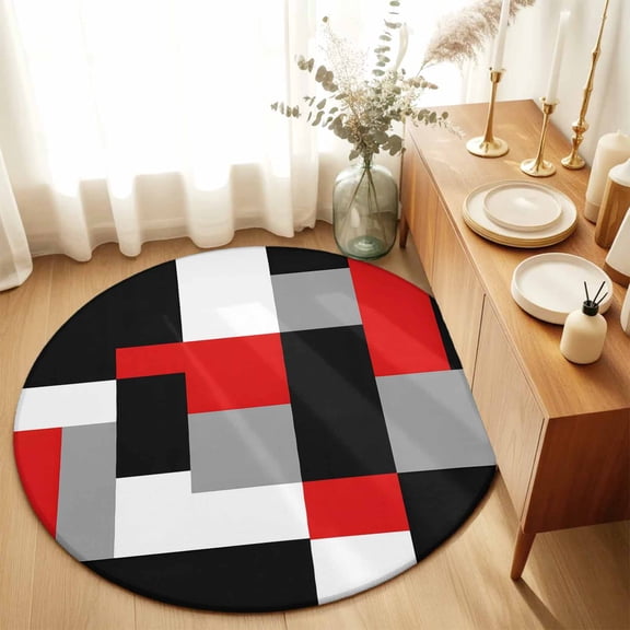 Red Gray Color Block Round Area Rug 3ft,Living Room Rug Non-Slip Washable Circle Rugs Pad,Modern Minimalist Style Soft Floor Carpet for Bedroom Dining Room