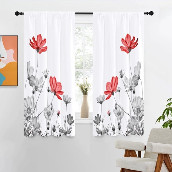 Red and Gray Curtains Grey Floral White Black Daisy Flowers Elegant Wildflower Farmhouse Burgundy Dark Pretty Women Girls Design Living Room Bedroom Window Drapes 26"W x 45"L (Pack of 2)