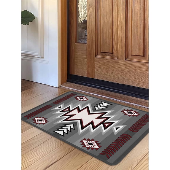 Red Gray Door Mat Indoor Outdoor Entrance, Non Slip Rug for Kitchen Bathroom Entryway Rug, Southwest Retro Ethnic AztecTexture Bohemian Washable Doormat Floor Mat for Office 24x36 Inch
