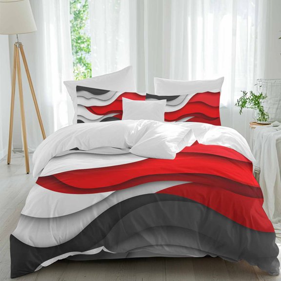 Red Gray Duvet Cover Set King Size, Geometric Gradient Ocean Waves Modern Abstract 4 Piece Soft Microfiber Bedding Set with 1 Duvet Cover, 1 Flat Sheet, 2 Pillowcases