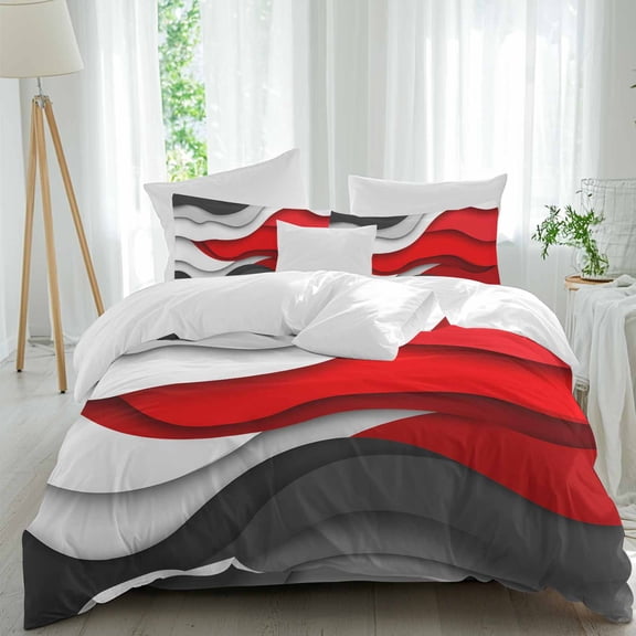 Red Gray Duvet Cover Set King Size, Geometric Gradient Ocean Waves Modern Abstract 4 Piece Soft Microfiber Bedding Set with 1 Duvet Cover, 1 Flat Sheet, 2 Pillowcases