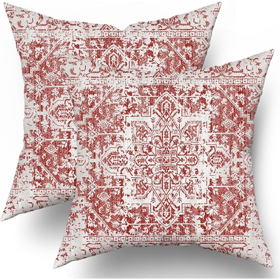 Red Gray Ethnic Boho Throw Pillow Covers 18X18 Inch Set of 2 Bohemian Carpet Pattern Vintage Pillow Cases Grey Floral Pillow Cover Farmhouse Home Decor for Sofa Couch Porch Outdoor