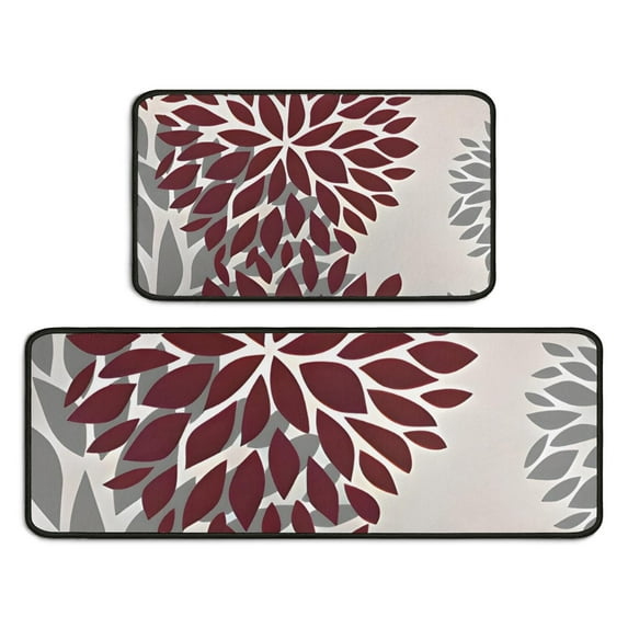 Red and Gray Floral Pattern Kitchen Rugs Sets Of 2,Anti Fatigue Kitchen Mat Rugs Non Slip Washable,Decorative Kitchen Floor Mats for Kitchen,Sink,Laundry,17"X30"+17"X47"