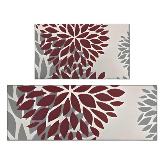 Red and Gray Floral Pattern Kitchen Rugs Sets Of 2,Anti Fatigue Kitchen Mat Rugs Non Slip Washable,Decorative Kitchen Floor Mats for Kitchen,Sink,Laundry,17"x30"+17"x47"